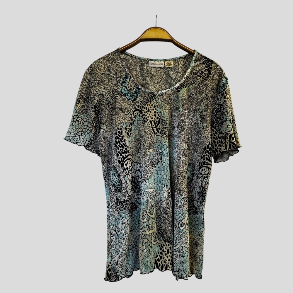 Carroll Reed Women’s Blouse Size XL Black Green Floral Short Sleeves